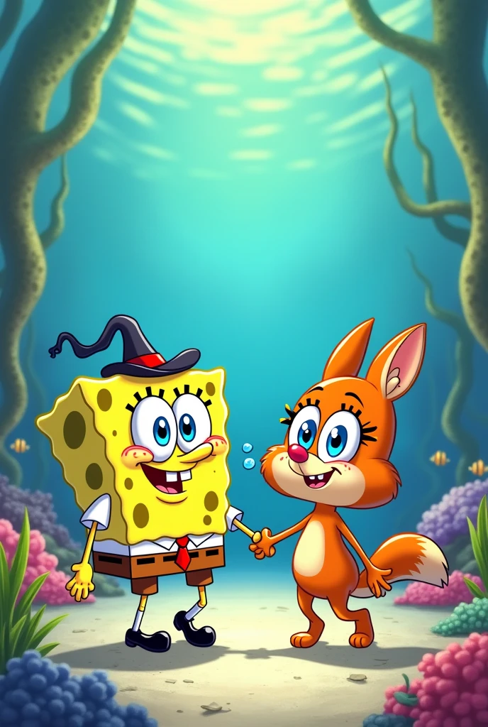 Spongebob Squarepants dan sandy chips sedang gandengan tangan 