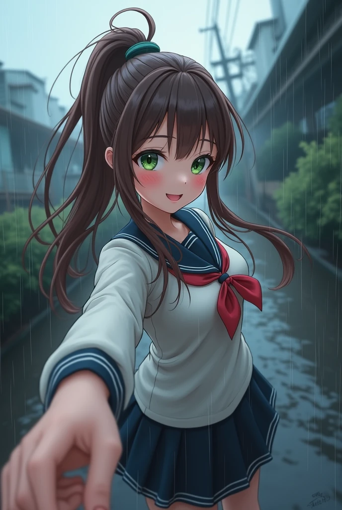 Masterpiece, Best Quality, Official Art, (Highly Detailed CG Unity 8k wallpaper), Detailed background, (Hands by Guido Daniele: 1.1), Feet out of frame, First Person View, 1, Attractive and Perfect Beautiful Woman, Schoolgirl, JK, Schoolgirl Uniform, Rainy Day, Lots of Rain, Windy, (Curvaceous), ( White Thighs: 1.12), (Brown Long Hair: 1.12), (Ahoge (1.13), (high ponytail: 1.12), (green eyes: 1.13), big, (cleavage), beautiful face, (blush: 1.11), (smile: 1.11)