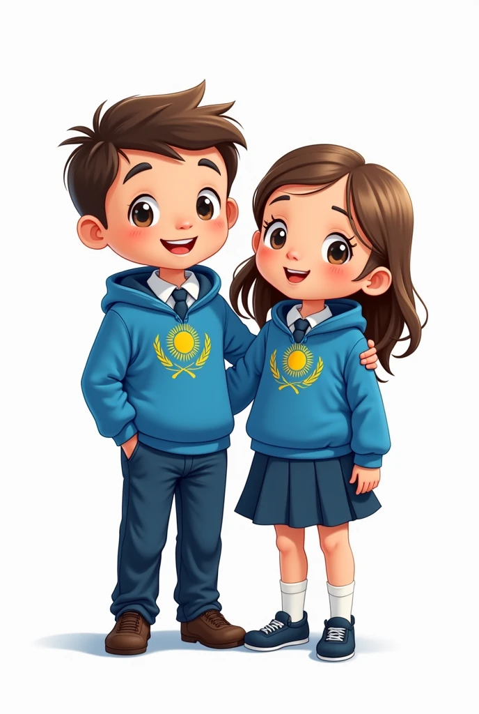 ((officially)) ((masterpiece)) ((Best quality)) ((detailed)) cartoon boy and girl in blue school uniform with Kazakhstan flag emblem on clothes on white background