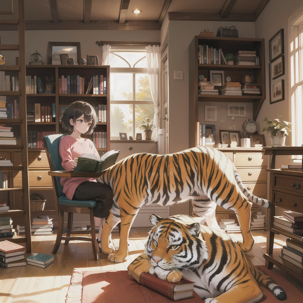 woman, tiger, aniaml, doll, cute, small, one room, warm, studying, books, coffee