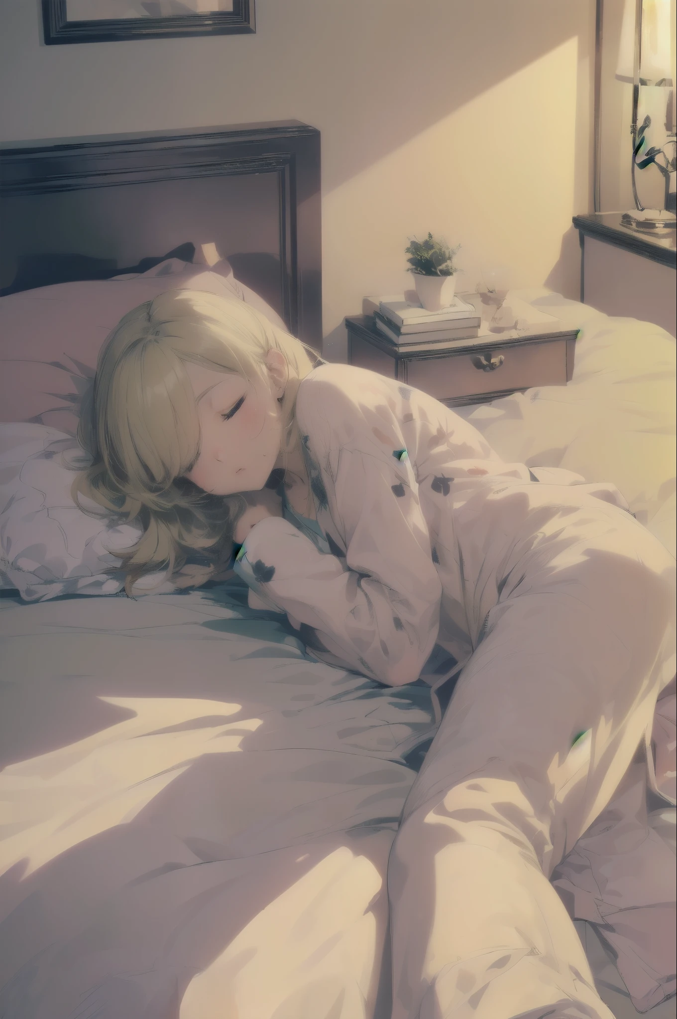 morning、sunlight、，(closed eyes), (lie on bed:1.5)，Highest quality, Anime Moe Art Style,Best Anime 8K Konachan Wallpaper，Perfect Anatomy, (One Girl:1.5), (alone,:1.8),high school student, short hair, (Straight hair:1.6)，(Medium chest)，(blondes:1.8)，Complete limbs, Full Finger,medium breast，Small eyes,Accurate blue eyes, (hair over one eye:1.5)，Hair Clip, Very detailed,High resolution,Very detailed肌, Professional Lighting,8K eye detail, (Cute illustrations:1.2), (indoor),(Cute Girl&#39;s Room:1.4),(modern and sophisticated furniture:1.2),(plush velvet chair and ottoman:1.4),(elegant curtains and window treatments:1.2),(Designer Fashion:1.4),(Instagrammable fashion photo corner:1.2),(unique framed statement mirror:1.4),
(fashion runway style rug:1.2),(Customized closet filled with trendy clothes:1.2)，(gorgeous dressing table:1.2)，(Fashion Magazines:1.2)，(Cute decoration:1.4)，(chic lighting fixtures:1.4),(comfortable and stylish bedding:1.4)，(Specialized area for fashion accessories:1.3)，(High-end accessories:1.2)，(fashion sketch and design book:1.2)，(bed:1.9)，(ankle socks:1.2)，nose blush ，A girl lying in bed with a cold with her head on the pillow, cute, detailed drawing, under art，
1 girl, bangs, bed, blush, sweat, cold, blond hair，(pajamas:1.5), indoors，lying on back, pillow, side lock, sleeping, on futon, on futon sleeping face to face，