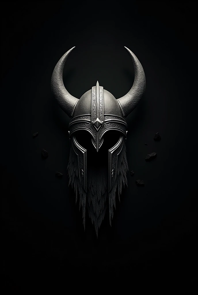 Viking helmet symbol with black background and text “Thrones of blood and iron”. White letters