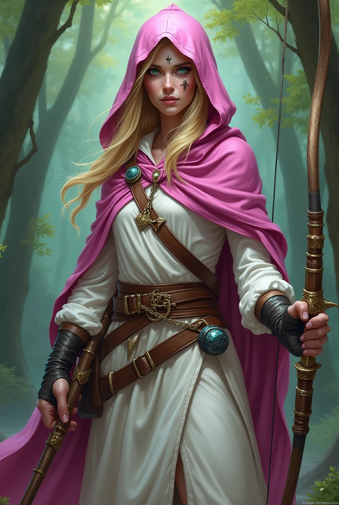 create me a fantasy d&d elder ranger with a pink hooded cote, withe clothing, a wood bow and a dagger. Make her blond and have a scar on her face and green eyes

