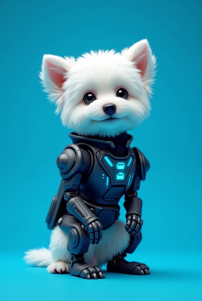 White Dog with robot costume black colour blue background 