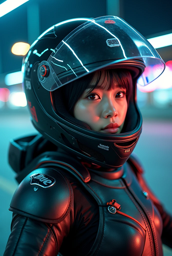 very beautiful with cute Japanese high school girl but amateur motorcycle racer, about to Ride on a racing motorcycle, at the cyber punk circuit at night, dramatic scene, masterpiece, (face focus:1.3), clear helmet visor, beautiful eyes, Kawasaki ZX-10R racing motorcycle, Shoei helmet, (wearing a intricated with complex layered cyber punk mecha armored motorcycle racer's outfits), neon markers on her suits, dynamic angle, acrobatic pose