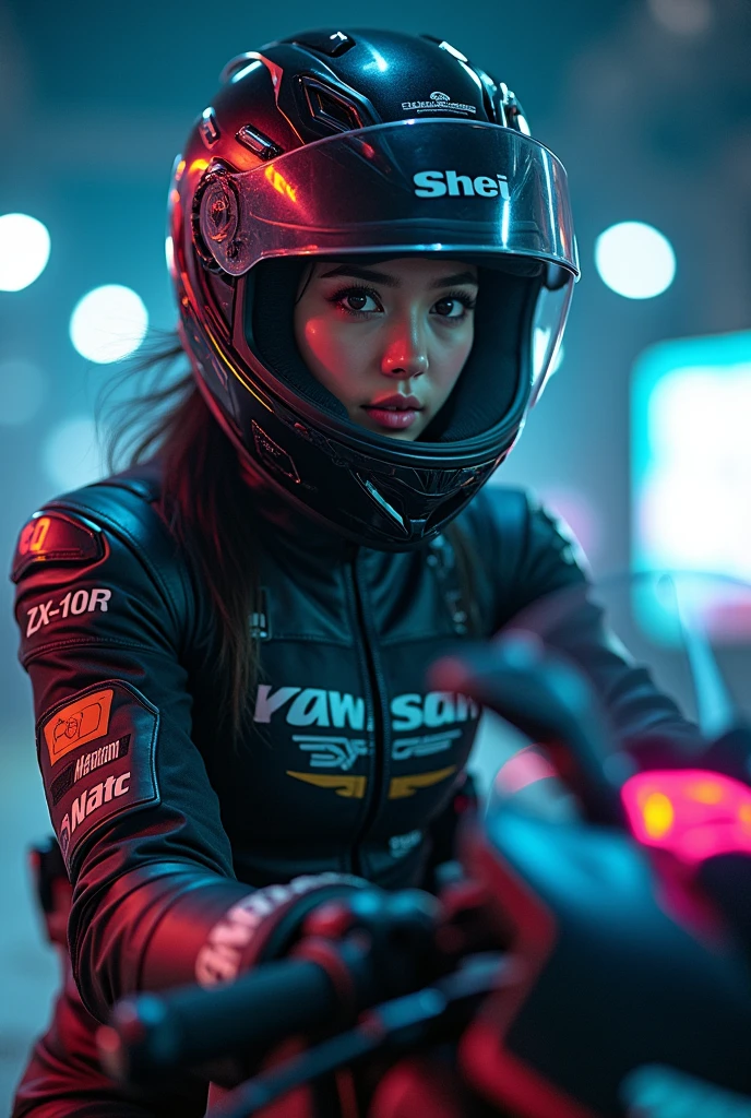 very beautiful with cute Japanese high school girl but amateur motorcycle racer, about to Ride on a racing motorcycle, at the cyber punk circuit at night, dramatic scene, masterpiece, (face focus:1.3), clear helmet visor, beautiful eyes, Kawasaki ZX-10R racing motorcycle, Shoei helmet, (wearing a intricated with complex layered cyber punk mecha armored motorcycle racer's outfits), neon markers on her suits, dynamic angle, acrobatic pose