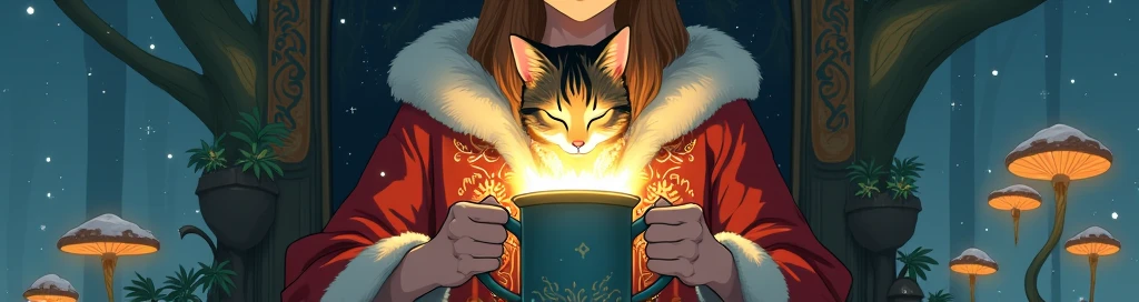 Ghibli Studio style, vibrant colors, close-up of a beautiful enchantress's hands holding a mug overflowing with swirling, luminescent mist. She wears a richly embroidered mage coat with fur accents, seated in a throne carved from a living tree that glows with runes. A calico cat sleeps peacefully on her head, glowing mushrooms around, snowflakes drifting into her grove dwelling, a sense of powerful yet gentle magic.