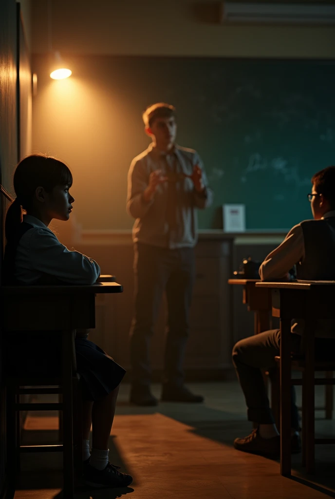 (school girl sitting in the chair looking at the wall
and sir is teaching in a dark room), dramatic lighting, spotlight illuminating the scene, (blackboard in the background), moody atmosphere, shadows creating depth, hints of warm tones, intimate and focused ambiance, meticulous details on characters' expressions and posture, high-quality 4K, ultra-detailed, cinematic composition.
