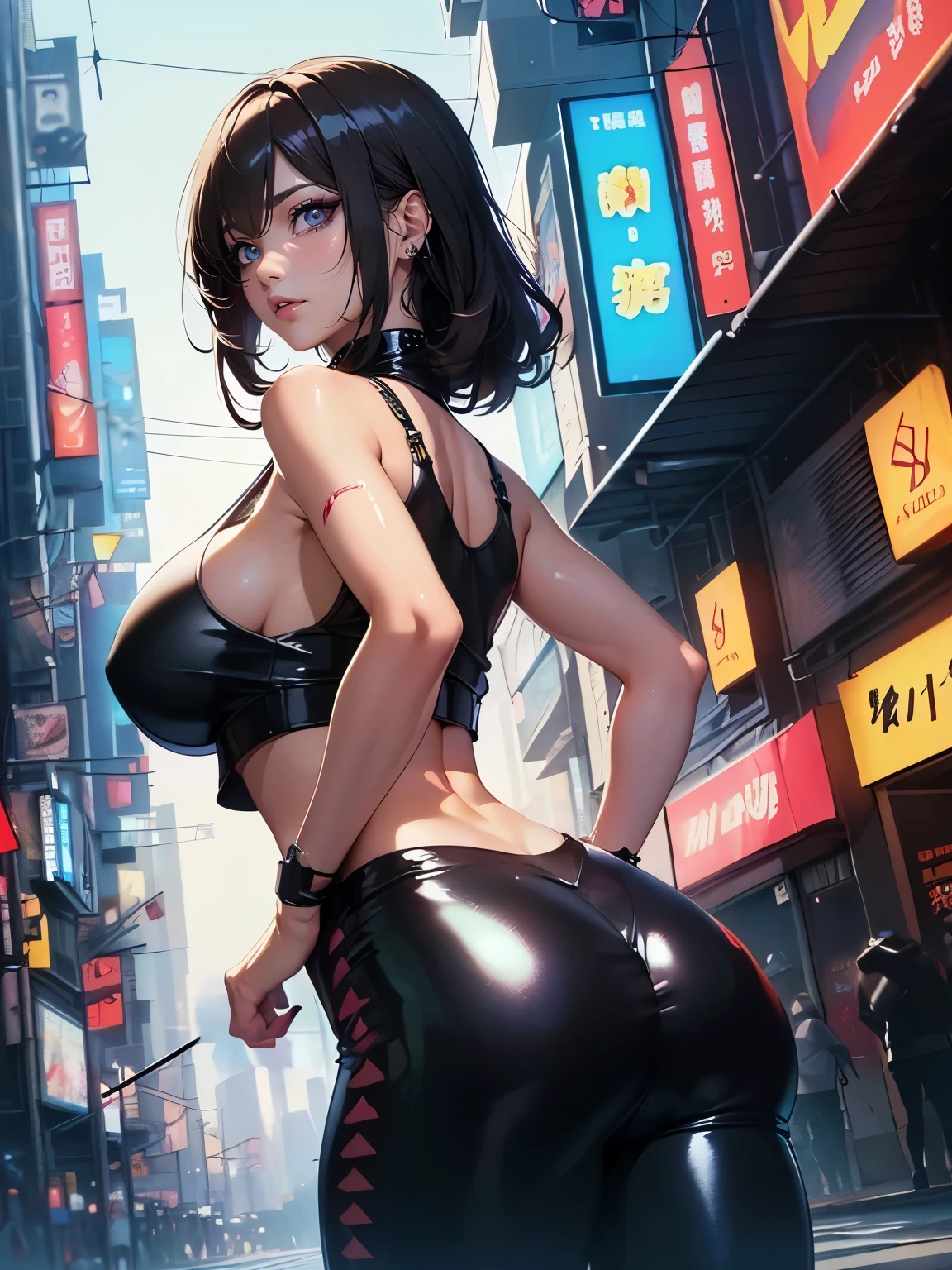 ((Seductive Anime Girl:1.2、solo:1.3))、((cyberpunk:1.2))、((Futuristic))、((butt grab:1.4))、(((Standing in honor:1.3)))、((Rear view:1.3))、((hip close-up))、((latex suit:1.2, torn clothes))、((at the midnight city:1.2))、((sleeveless:1.2))、((ripped:1.2, hot pants:1.4))、((crop top navel:1.2))、((wedgie:1.2))、((huge hip:1.3))、Meticulously drawn hair, Meticulously drawn eye, full body、Sexy body、((Glossy realistic skin texture:1.2))、((shiny skin:1.2))、((Meticulously drawn hands))、((absurdres:1.3))、((perfect anatomy:1.2))、art stations、masterpiece, Top image quality, Smooth texture、Sharp Focus、watercolor