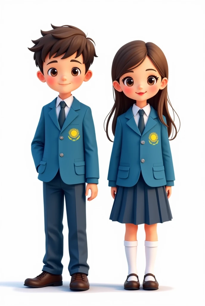 ((officially)) ((masterpiece)) ((Best quality)) ((detailed)) cartoon boy and girl in blue school uniform with Kazakhstan flag emblem on clothes on white background
