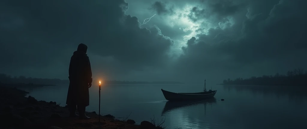 Cover photo, dark theme, alone, a candle light, some clouds, thunder light, near a boat in river