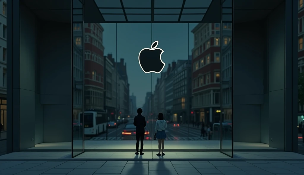 outside an Apple store in London, (no people:1.4), In the style of Makoto Shinkai。master piece, ultra detail, precision, ultra-realistic,