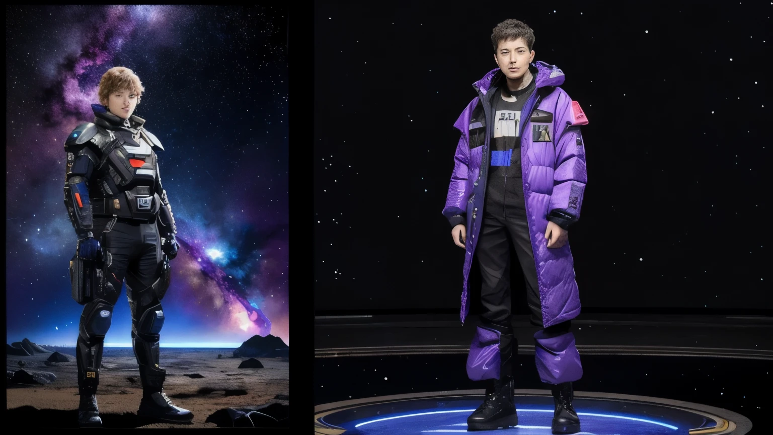 277 (20-year-old woman,short hair), (20-year-old male), Are standing, flower, Futuristic clothing, machinery suit, (The background is a galaxy and nebula)