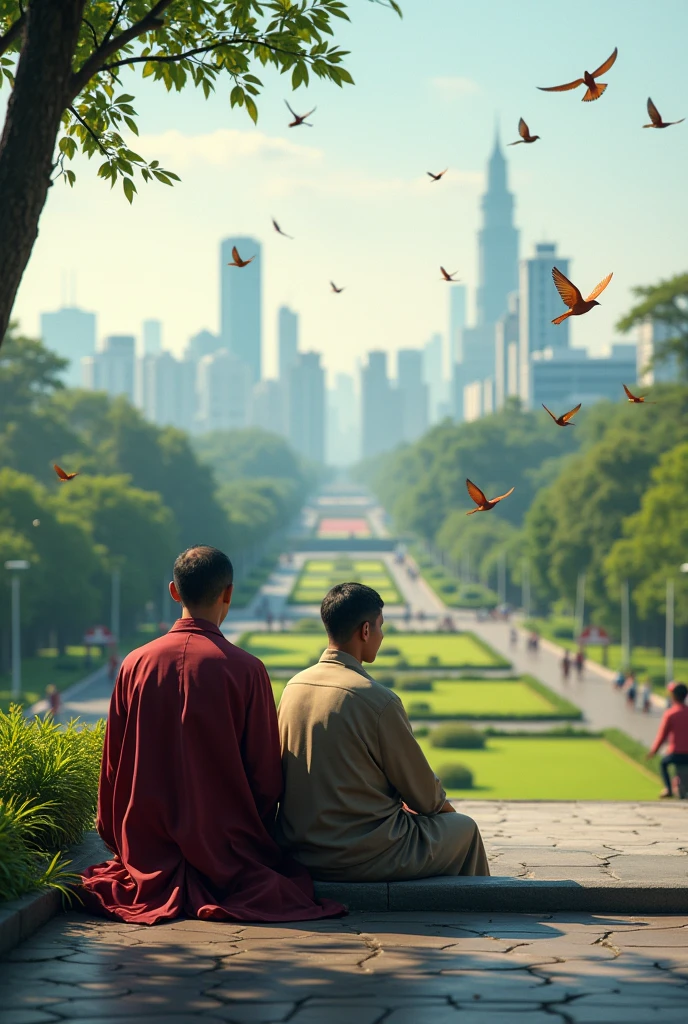 please make a picture of a 2 Indonesia Asian man.sitting on the shoulder of the road with an outdoor background with a city park background.there are small colorful birds flying around,The individual is wearing a maroon red long-