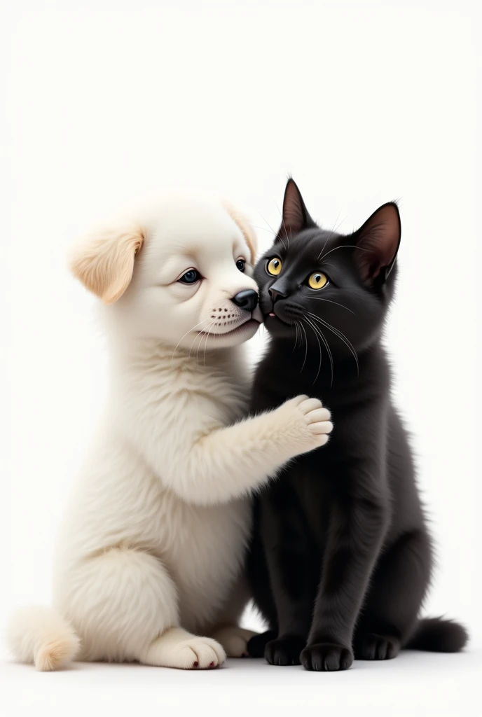 white dog and black cat love white background