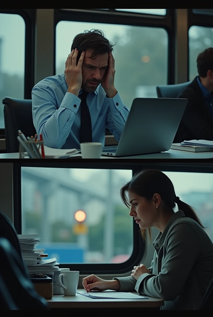 Prompt 3: The man is seen sitting at his desk, typing on his laptop with a frustrated look. He pauses and runs his hands through his hair, exhaling sharply. Cut to the women, who is staring out of a bus window, tapping her foot impatiently. She checks her watch, looking worried and restless, clearly feeling the same tension he does.
