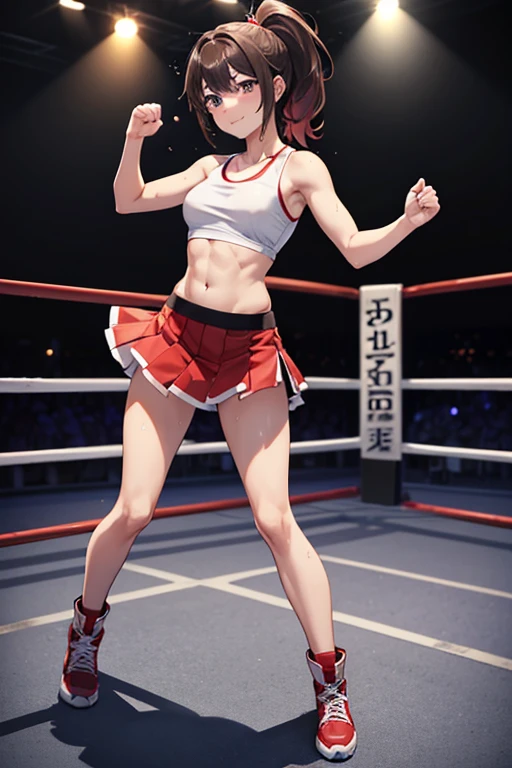 Anime Art、Full body portrait、Professional wrestling ring、A female martial artist, about 175 cm tall, around 20 years old, wearing a white tank top and black leggings under a red flared skirt, standing upright with one arm raised high、Knee support、Elbow Support、Hairstyle: short ponytail、Brown Hair、A strong smile、Grey Eyes、Red Boots、My whole body is wet with sweat、Abdominal muscles、Flat chest