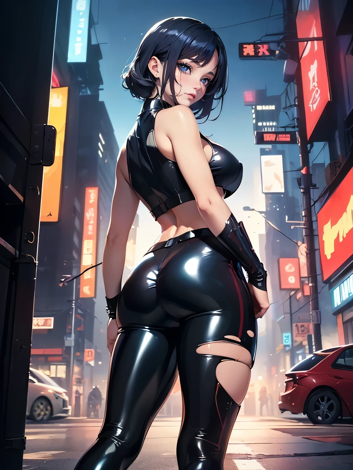 ((Seductive Anime Girl:1.2、solo:1.3))、((cyberpunk:1.2))、((dynamism posing:1.4))、((Rear view:1.3))、((hip close-up))、((latex suit:1.2, torn clothes))、((at the midnight city:1.2))、((sleeveless:1.2))、((ripped:1.2, hot pants:1.4))、((crop top navel:1.2))、((wedgie:1.2))、((huge hip:1.3))、Meticulously drawn hair, Meticulously drawn eye, full body、Sexy body、((Glossy realistic skin texture:1.2))、((shiny skin:1.2))、((Meticulously drawn hands))、((absurdres:1.3))、((perfect anatomy:1.2))、art stations、masterpiece, Top image quality, Smooth texture、Sharp Focus、watercolor