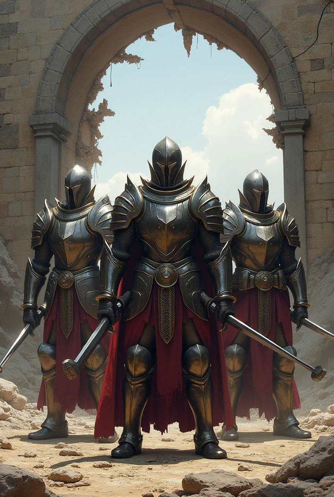 three armored warrior, two hold swords, one holding hammer, outside break hole wall, with light
