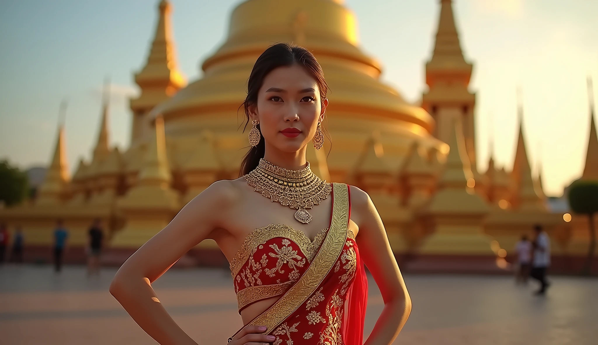 sabaithai A woman in an opulent traditional Thai outfit, posing confidently in front of a majestic Wat Arun, with golden light illuminating her figure, enhancing the intricate details of her attire