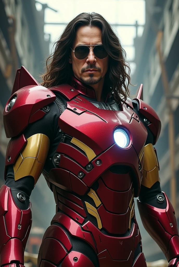 Ozzy Osbourne with an iron man base super villain suit and sunglasses