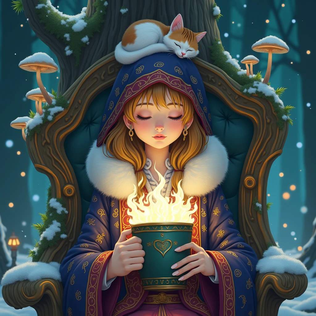 Ghibli Studio style, vibrant colors, close-up of a beautiful enchantress's hands holding a mug overflowing with swirling, luminescent mist. She wears a richly embroidered mage coat with fur accents, seated in a throne carved from a living tree that glows with runes. A calico cat sleeps peacefully on her head, glowing mushrooms around, snowflakes drifting into her grove dwelling, a sense of powerful yet gentle magic.
