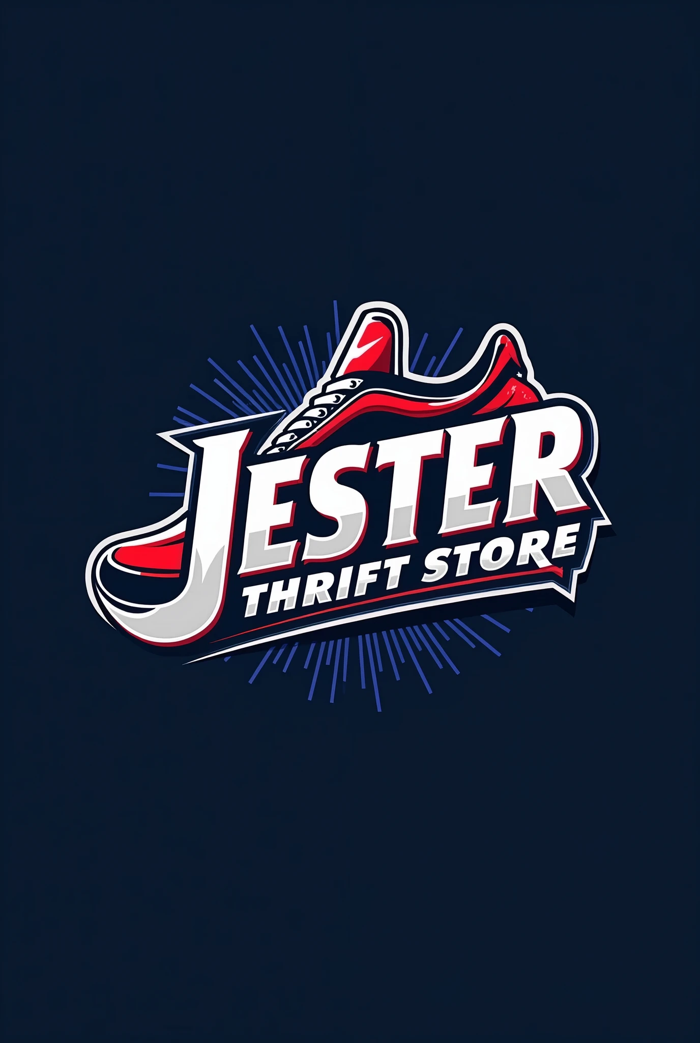 "Design a modern and dynamic store logo for a store named 'Jester Thrift store'. The logo should feature a Sneaker theme, with a bold and energetic design. Include elements like a Nike Sneaker, or stumps subtly integrated into the design. The color scheme should be a mix of dark blue, silver, white, and red to convey power and agility. The store name 'Jester Thrift store ' should be prominently displayed in a stylish, sporty font. The overall look should be sharp, professional, and suitable for a jersey and merchandise."