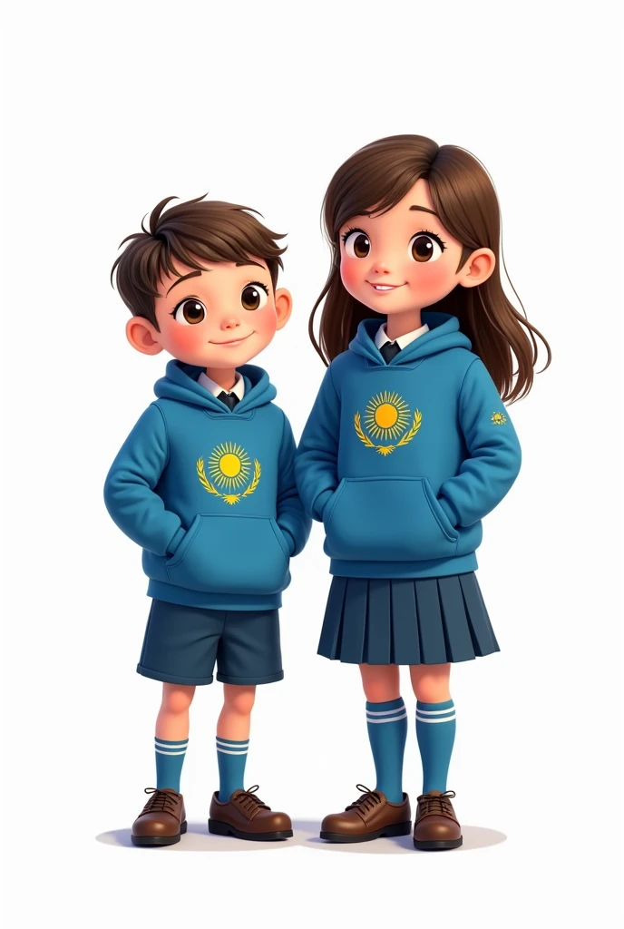 ((officially)) ((masterpiece)) ((Best quality)) ((detailed)) cartoon boy and girl in blue school uniform with Kazakhstan flag emblem on clothes on white background
