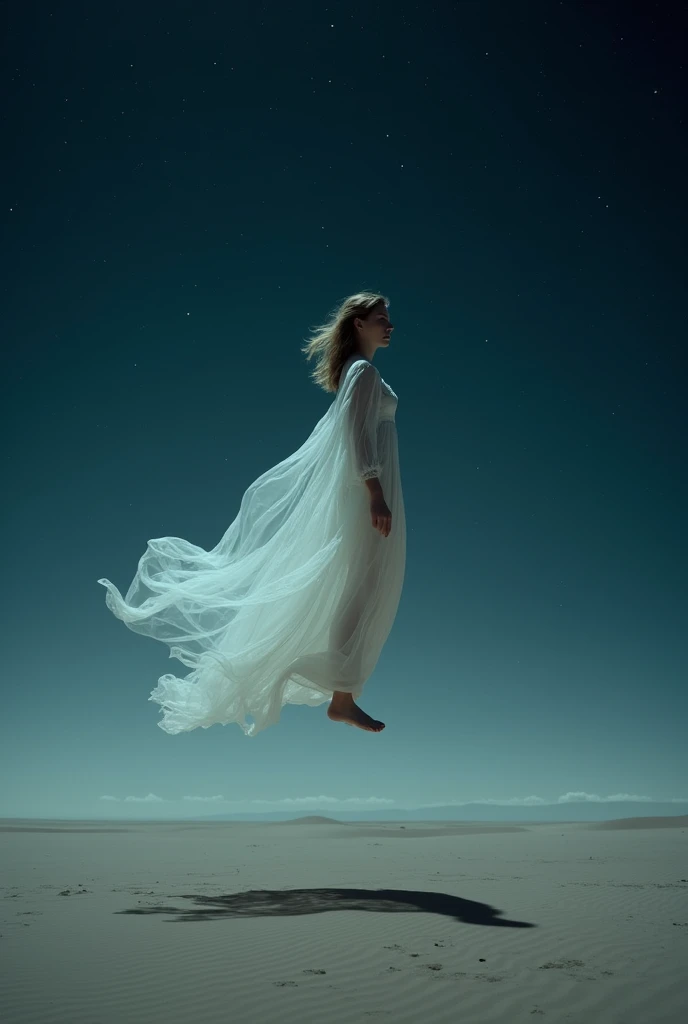 There is a woman standing in the water with a sheet, she is floating in the air, inspired by Brooke Shaden, dreamy and ethereal and dark, a frame of an ethereal, at night, floating ghost, floating away, by Brooke Shaden, floating in the desert night, levitating above the ground, wearing a flowing white dress, ethereal and otherworldly
