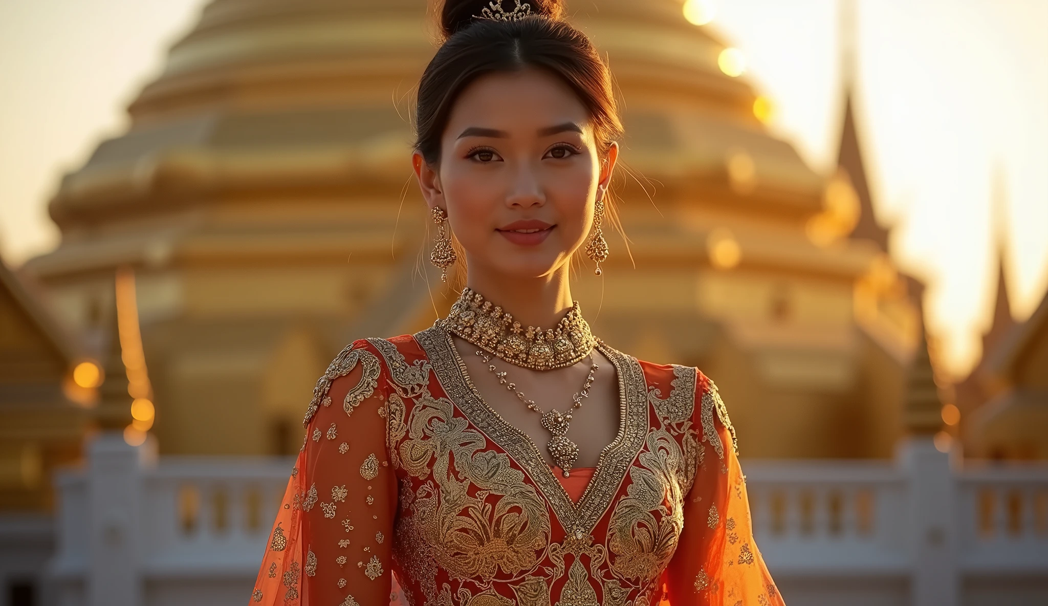 sabaithai A woman in an opulent traditional Thai outfit, posing confidently in front of a majestic Wat Arun, with golden light illuminating her figure, enhancing the intricate details of her attire