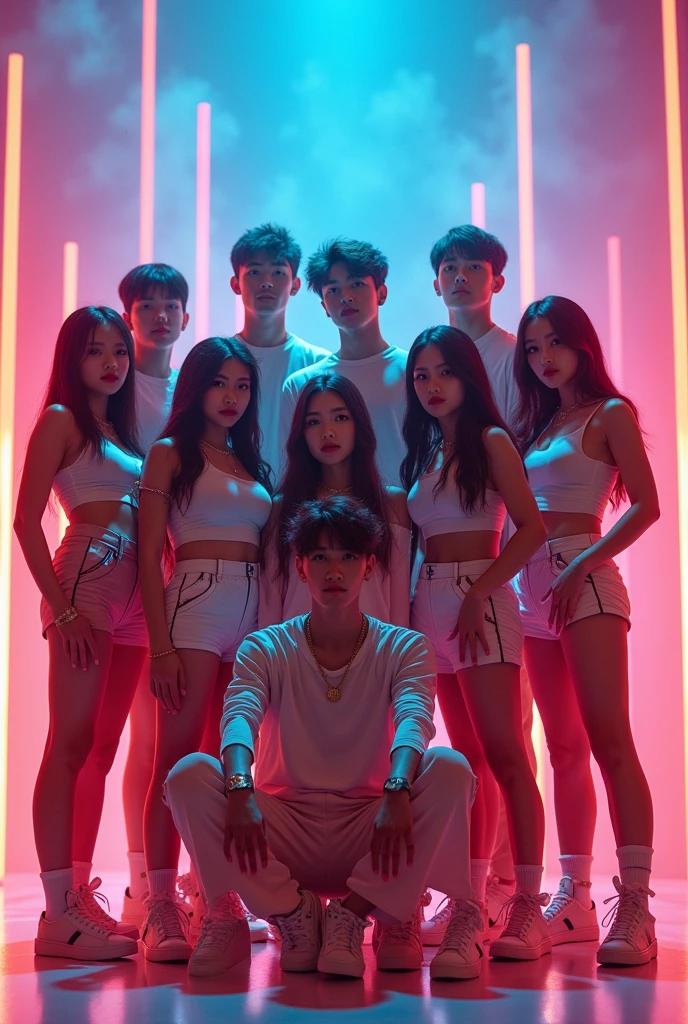 Create a kpop group with 16 members, 8 women and 8 realistic men