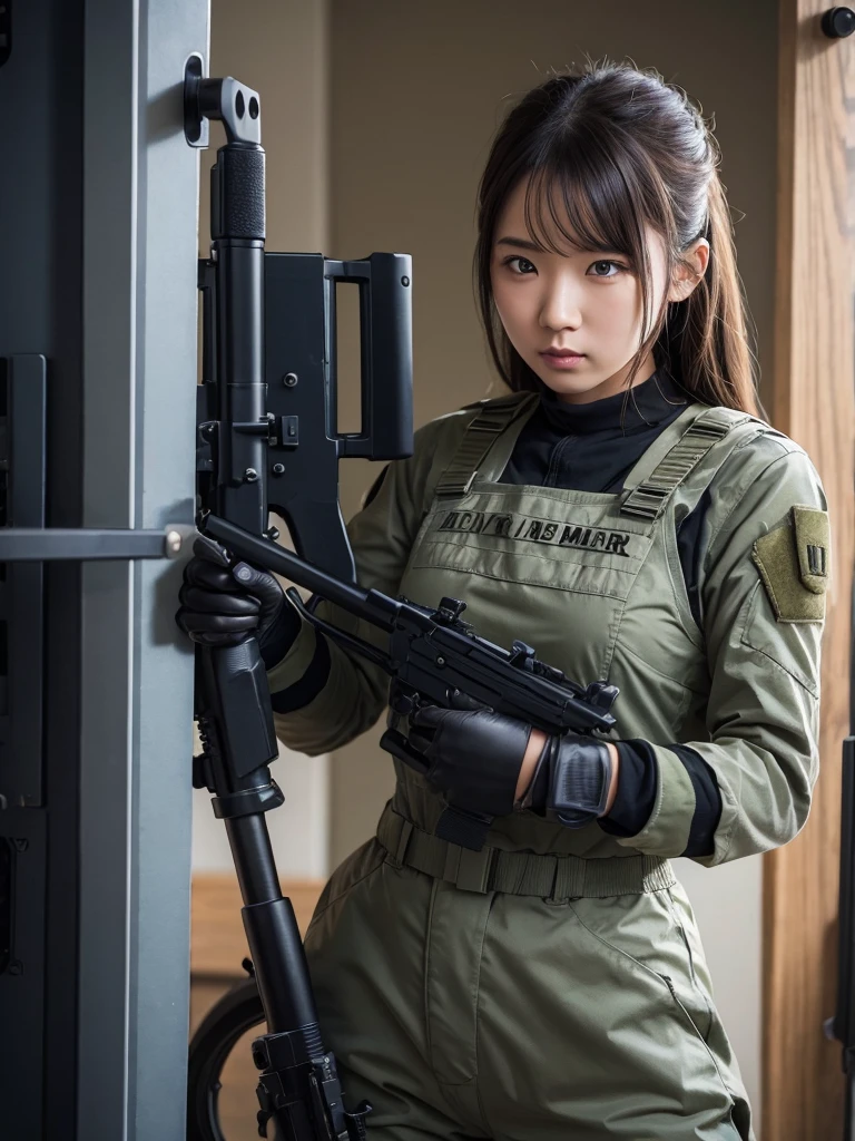 Female soldier in armor suit holding a machine gun