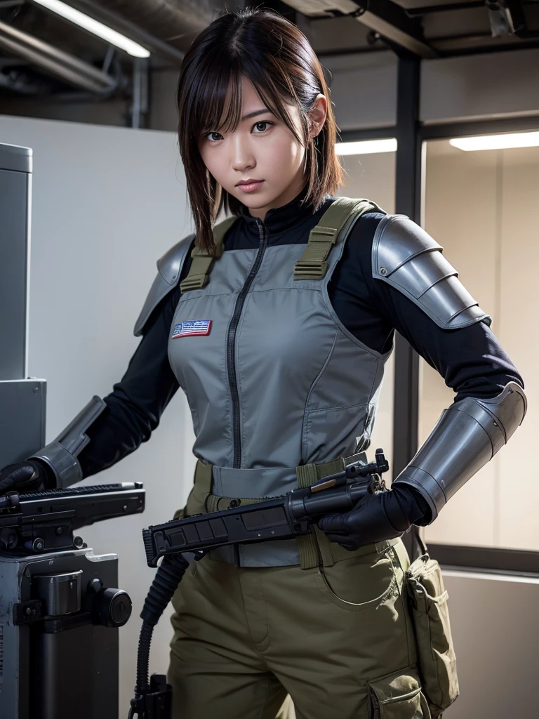 Female soldier in armor suit holding a machine gun