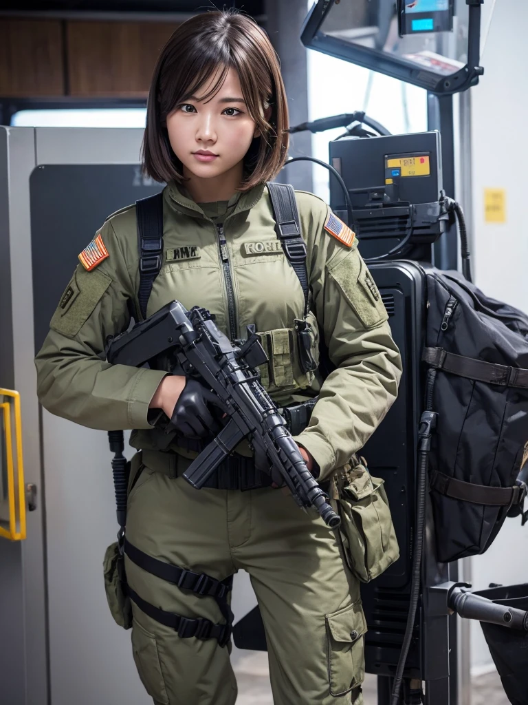 Female soldier in armor suit holding a machine gun