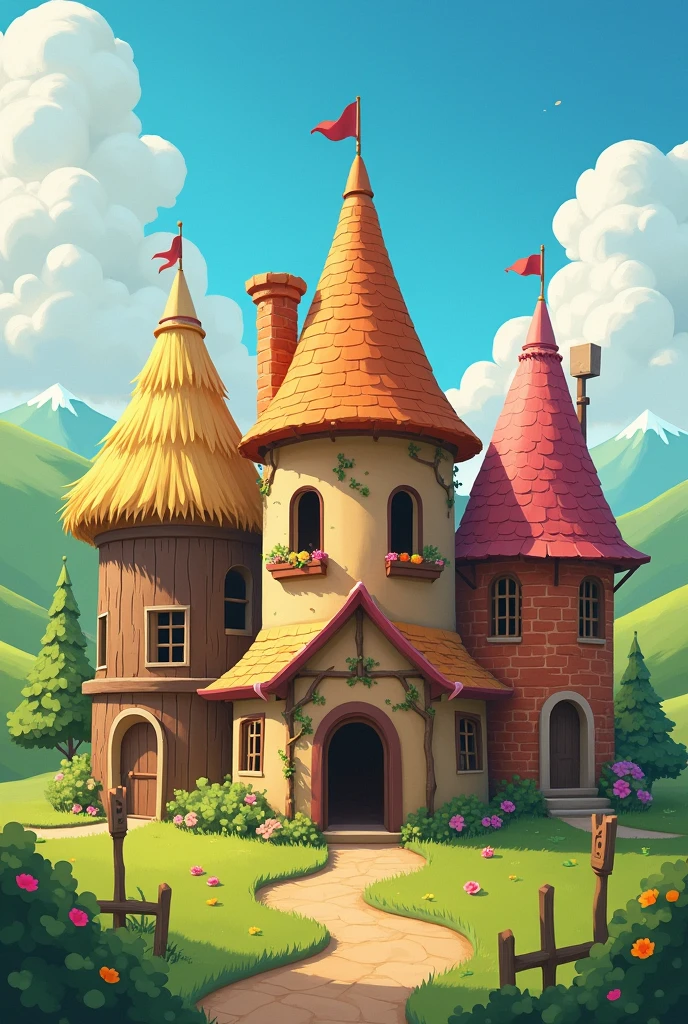 The 3 houses of the 3 little pigs but add a cardboard one without the pigs