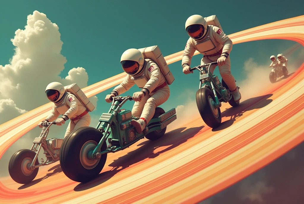 
Astronauts on tricycles compete on Saturn&#39;s rings. 