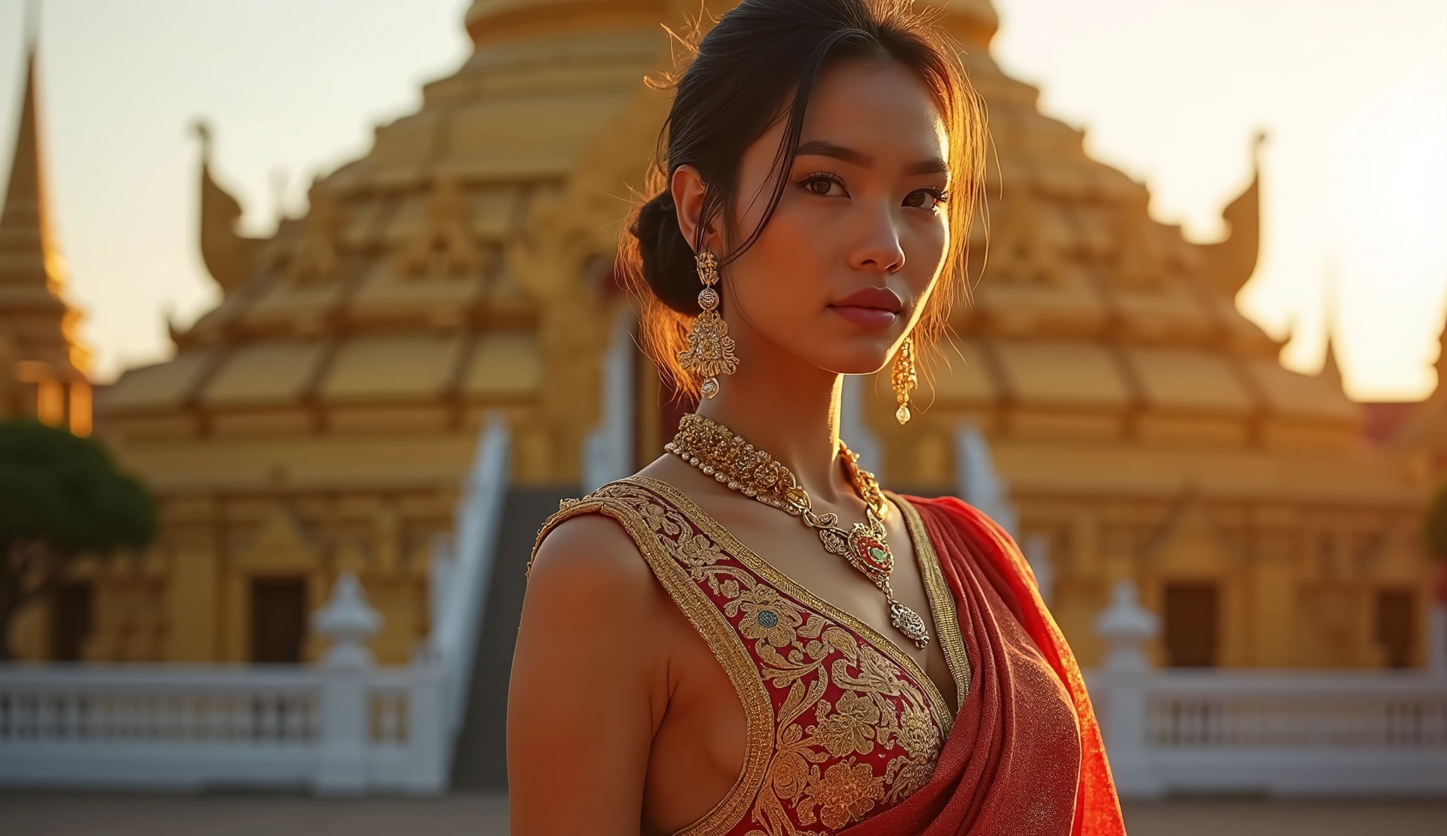 sabaithai A woman in an opulent traditional Thai outfit, posing confidently in front of a majestic Wat Arun, with golden light illuminating her figure, enhancing the intricate details of her attire