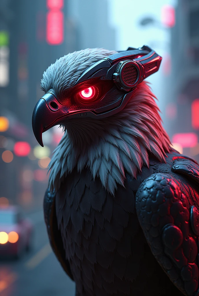 a eagle in cyberpunk with helmet with neon lights red and black neon lights
