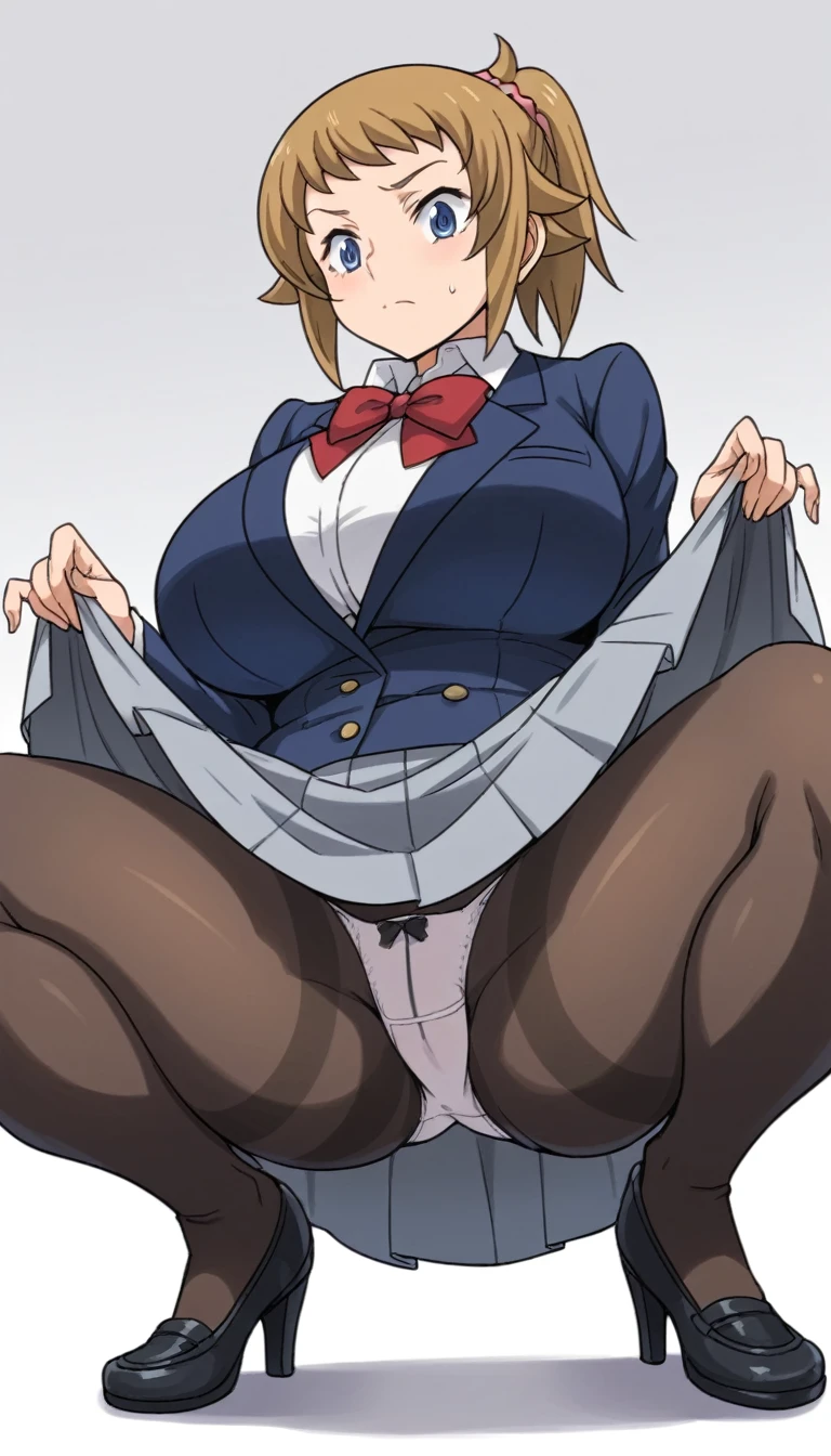 score_9, score_8_up, score_7_up, score_6_up, score_5_up, score_4_up,Fumina Hoshino, blue eyes, Brown Hair, ponytail, Scrunchie,
skirt, school uniform, Jacket, hose, blazer, Bike Shorts, shirt, white shirt, collared shirt, bow, red bowtie,(Huge breas,((Highest quality)), moving her center of gravity back, Quite embarrassing, White panties, (Shanties:1.4),タイトskider the skirt:1.3), (Lift up your skirt:1.3), (Squat:1.4), Place your heels on the ground, Please spread your legs a little, 膝を上げてSquat, Put your butt on the ground, Gentleression, Front view, angle From below, whole body,(View your audience:1.2), from the front, From below,
