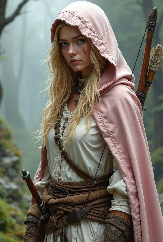create me a fantasy d&d elder ranger with a light pink hooded cote, withe clothing, a wood bow and a dagger. Make her blond and have a scar on her face and green eyes. Make the white a bit dirty.