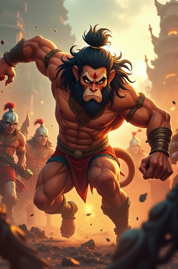 In cinematic Cartoon style images’
Soldiers**: "Hanuman bravely fighting Ravana's soldiers, displaying his immense strength and agility amidst the chaos."