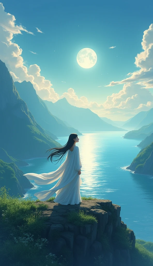 anime girl standing on a mountain overlooking the ocean in the morning, full moon, anime, anime. soft lighting, 8k anime wallpaper, anime girl desktop background, hd anime wallaper, anime wallpaper 8k, anime wallpaper 8k, hd anime wallpaper, beautiful anime portrait, realistic anime artstyle, anime beautiful peace scene, anime wallaper, anime wallpaper