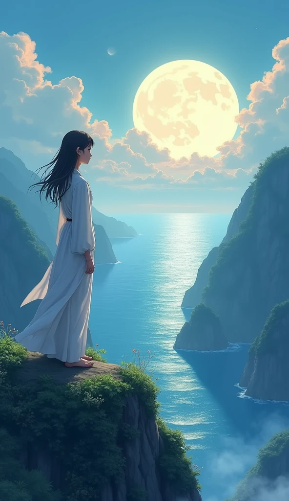 anime girl standing on a mountain overlooking the ocean in the morning, full moon, anime, anime. soft lighting, 8k anime wallpaper, anime girl desktop background, hd anime wallaper, anime wallpaper 8k, anime wallpaper 8k, hd anime wallpaper, beautiful anime portrait, realistic anime artstyle, anime beautiful peace scene, anime wallaper, anime wallpaper
