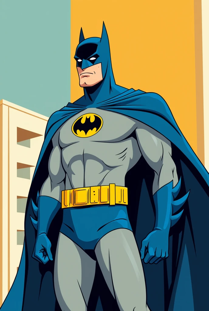 Cartoony Batman In a blue and gray suit with the yellow oval on the chest and the yellow utility belt and the blue underwear on the outside, make more 60s