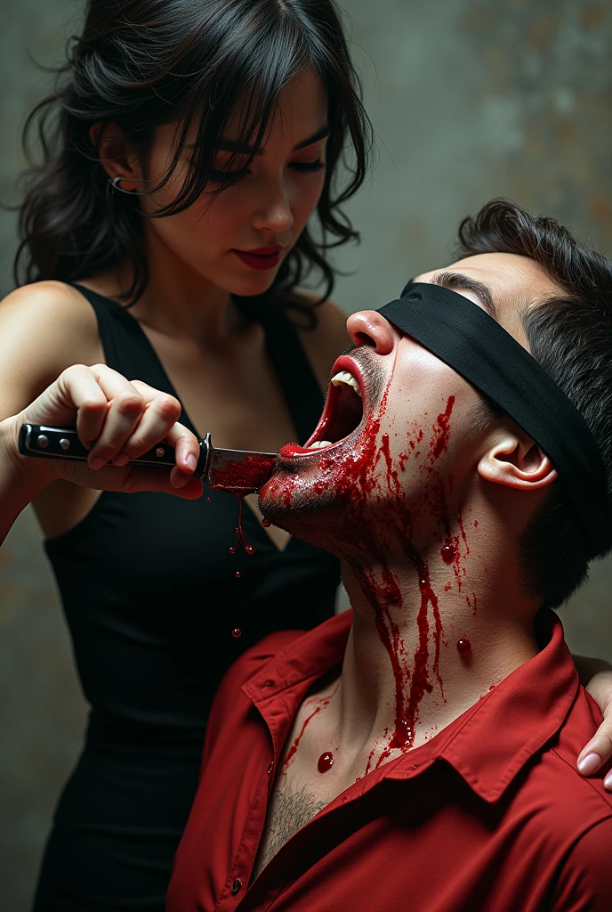 A beautiful Woman knife cut throat A boy handsome neck bloody splash, blindfold, full body, wide open throat