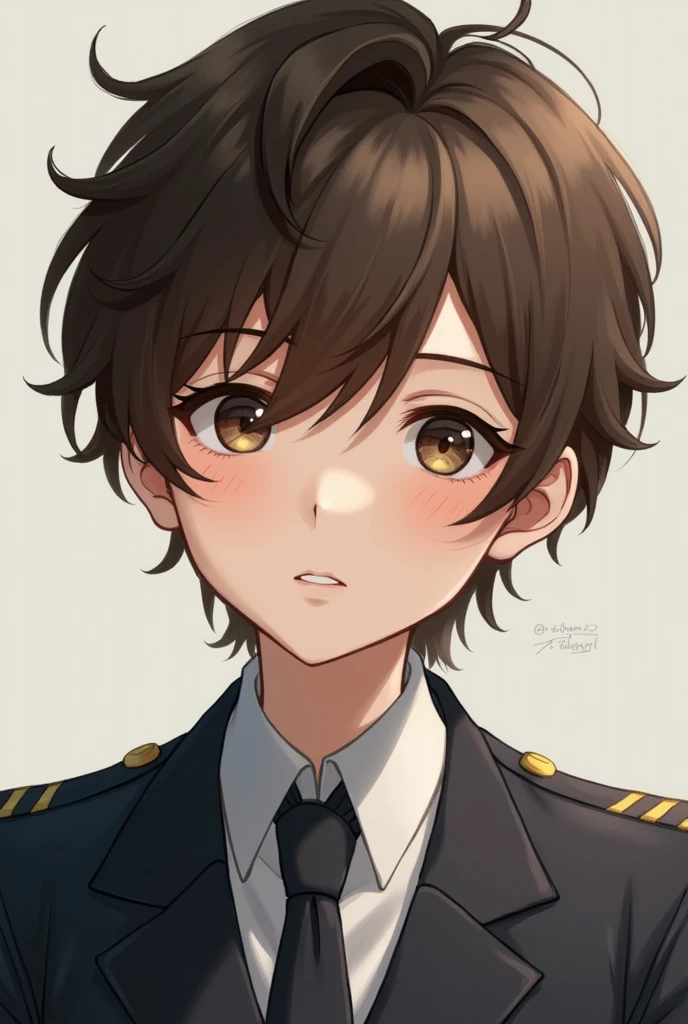 Adult boy with wavy brown hair, white skin, light brown eyes in high school uniform 