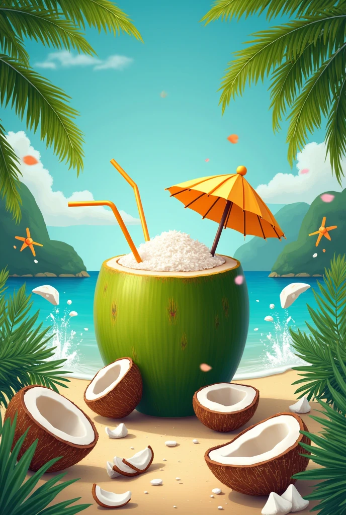 Background:
A tropical theme with a gradient of blue and green, representing the sea and lush coconut groves.
Coconut trees swaying gently, with some coconuts hanging and a few cracked open with fresh coconut water splashing out.
Central Imagery:
A large, fresh coconut in the center, with a straw and umbrella, giving it a festive look.
Surrounding the coconut, you can have illustrations of various coconut products (coconut oil, coconut milk, desiccated coconut, etc.) to highlight the versatility of the coconut.
Text:
Main Heading: "World Coconut Day Celebration"
Subheading: "Honoring the Tree of Life" or "Celebrate the Bounty of Nature"
Date and Venue details at the bottom, in an elegant, easy-to-read font.
Decorative Elements:
Palm leaves on the corners, adding a frame-like effect.
Small icons or illustrations of people enjoying coconut-based dishes, drinks, or traditional activities related to coconuts.
Color Scheme:
Use natural and vibrant colors: shades of green, brown, white, and a touch of gold for a celebratory feel.
Additional Touches:
A banner section dedicated to sponsors or partners, with their logos subtly integrated into the design.
Perhaps a small map or image showing the importance of coconuts in different regions.