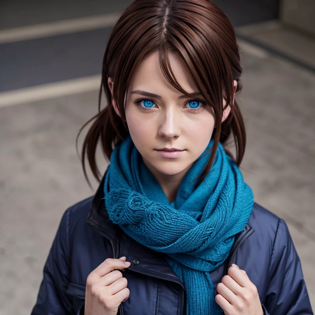 Anime girl, brown hair, blue eyes, wearing a blue scarf, jujutsu Kaisen