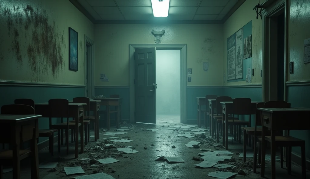 School across the deserted hallways, showing scattered papers and broken desks. The air is thick with dust there is on a classroom door, hanging ajar.