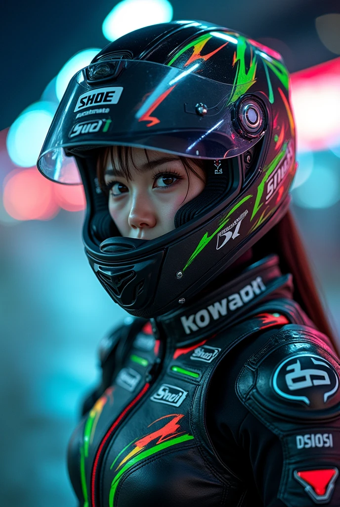 very beautiful with cute Japanese high school girl but amateur motorcycle racer, about to Ride on a racing motorcycle, at the cyber punk circuit at night, dramatic scene, masterpiece, (face focus:1.3), clear helmet visor, beautiful eyes, Kawasaki ZX-10R racing motorcycle, Shoei helmet, (wearing a intricated with complex layered cyber punk mecha armored racing suits with many neon markers), dynamic angle, acrobatic pose